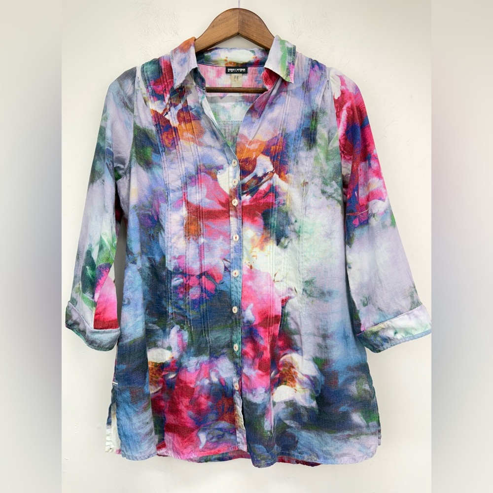 Gerry Weber size 8 Women’s Multicolor Floral Linen 3/4 Sleeve Button Up Top